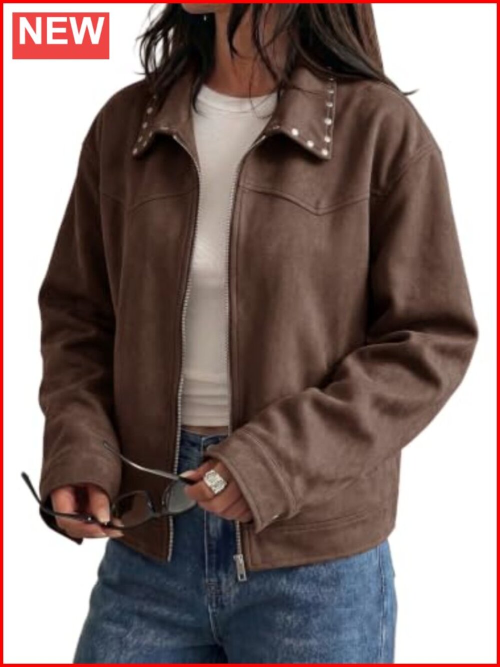 Women's Faux Suede Studded Cropped Jacket Long Sleeve Zip Up Casual